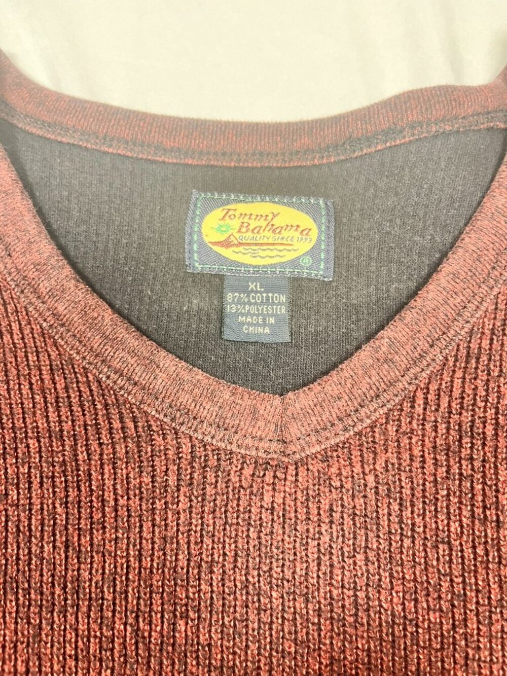 Tommy Bahama Mens XL V-Neck Sweater Rust Burgundy Ribbed Knit Cotton Pullover - Picture 5 of 8